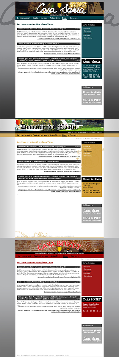 Maquettes des trois sites des restaurants (pages listes) Maquettes des trois sites des restaurants (pages listes)